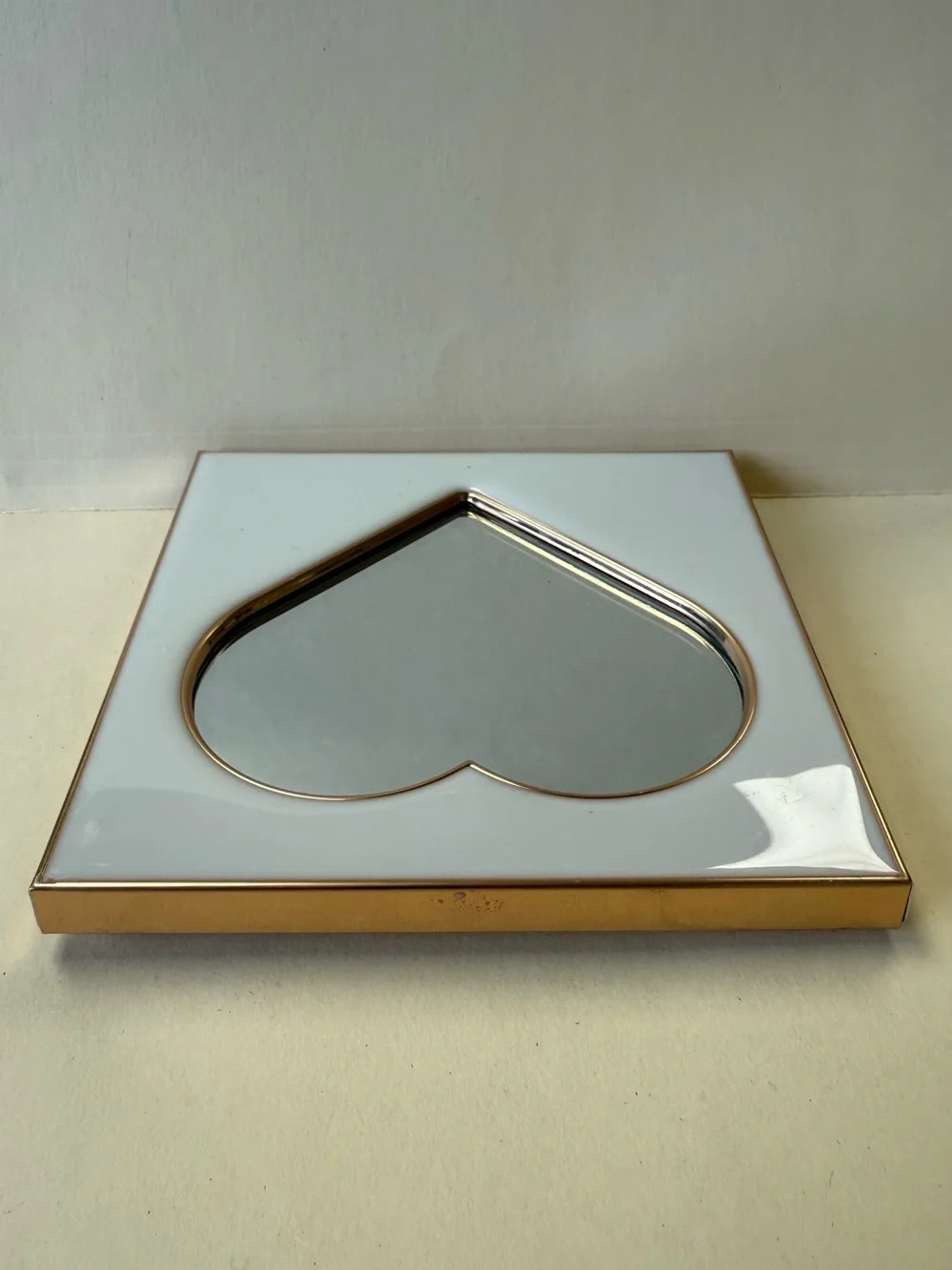 White Enamel and Rose Gold Decorative Heart Shaped Desk Mirror with Frame Stand